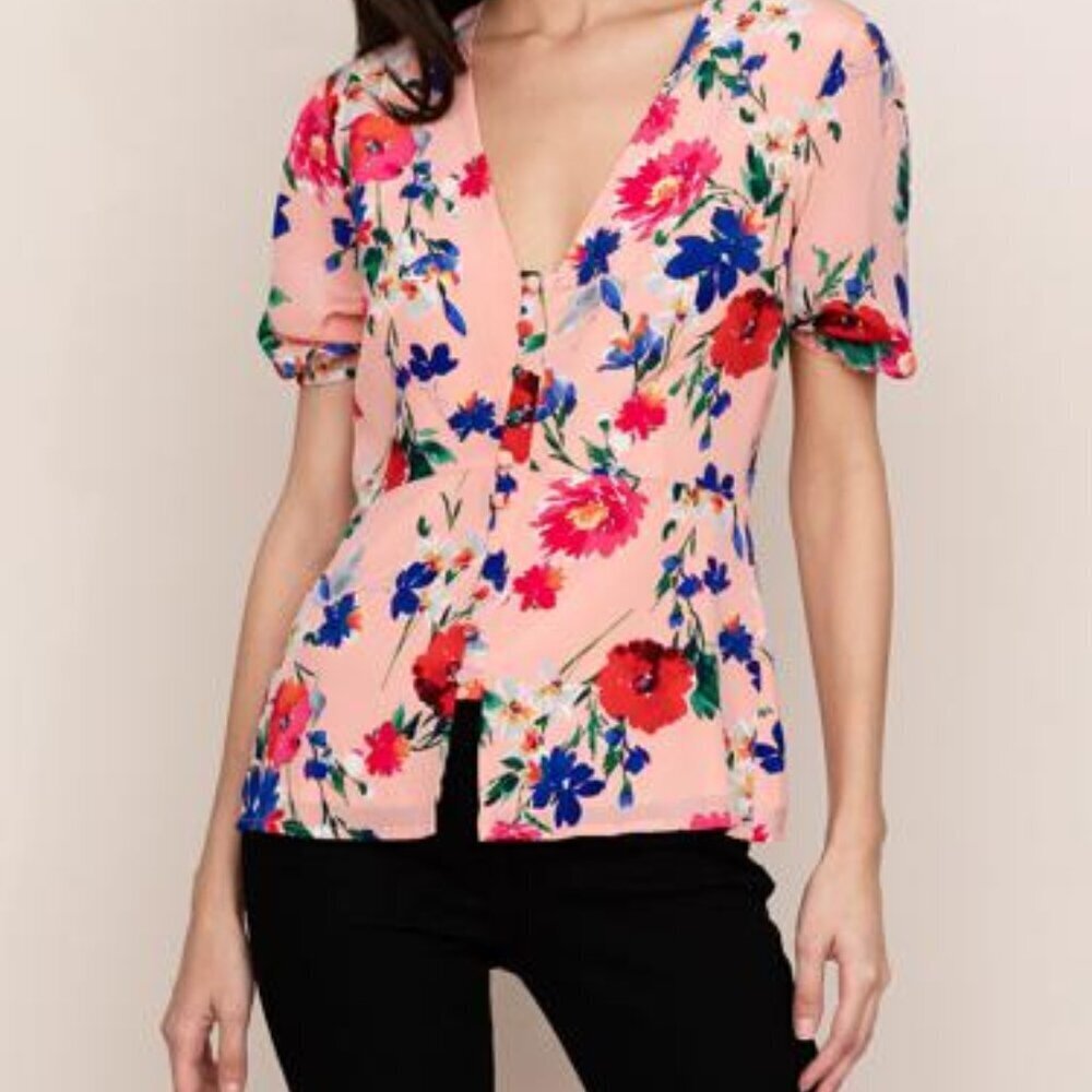 Yumi Kim Short Elastic Sleeve Button Front Blouse - Floral - Pink Multi/Sunnysid